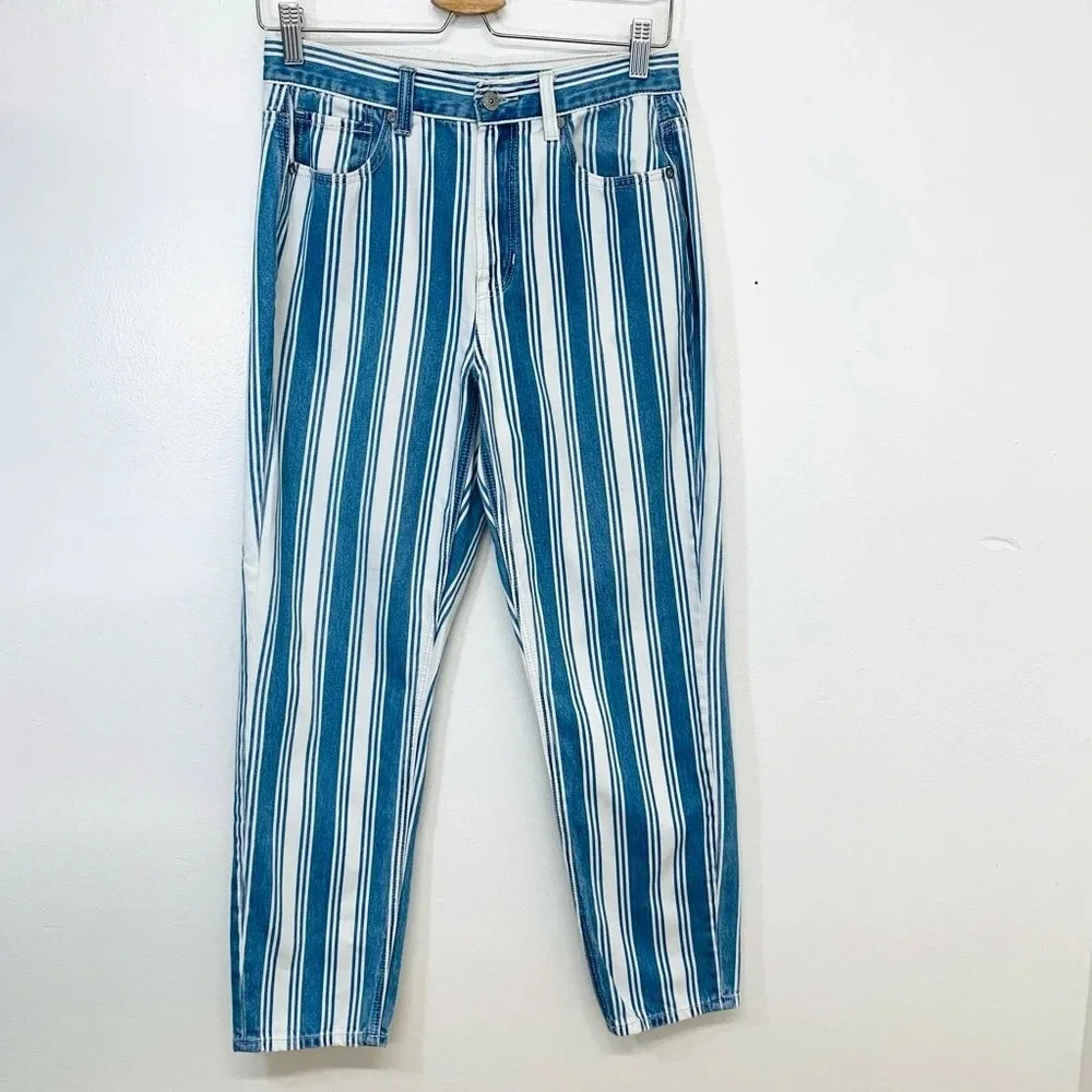 American Eagle Mom Jeans Woman 4 Stripe Blue White Tapered 100% Cotton High Rise